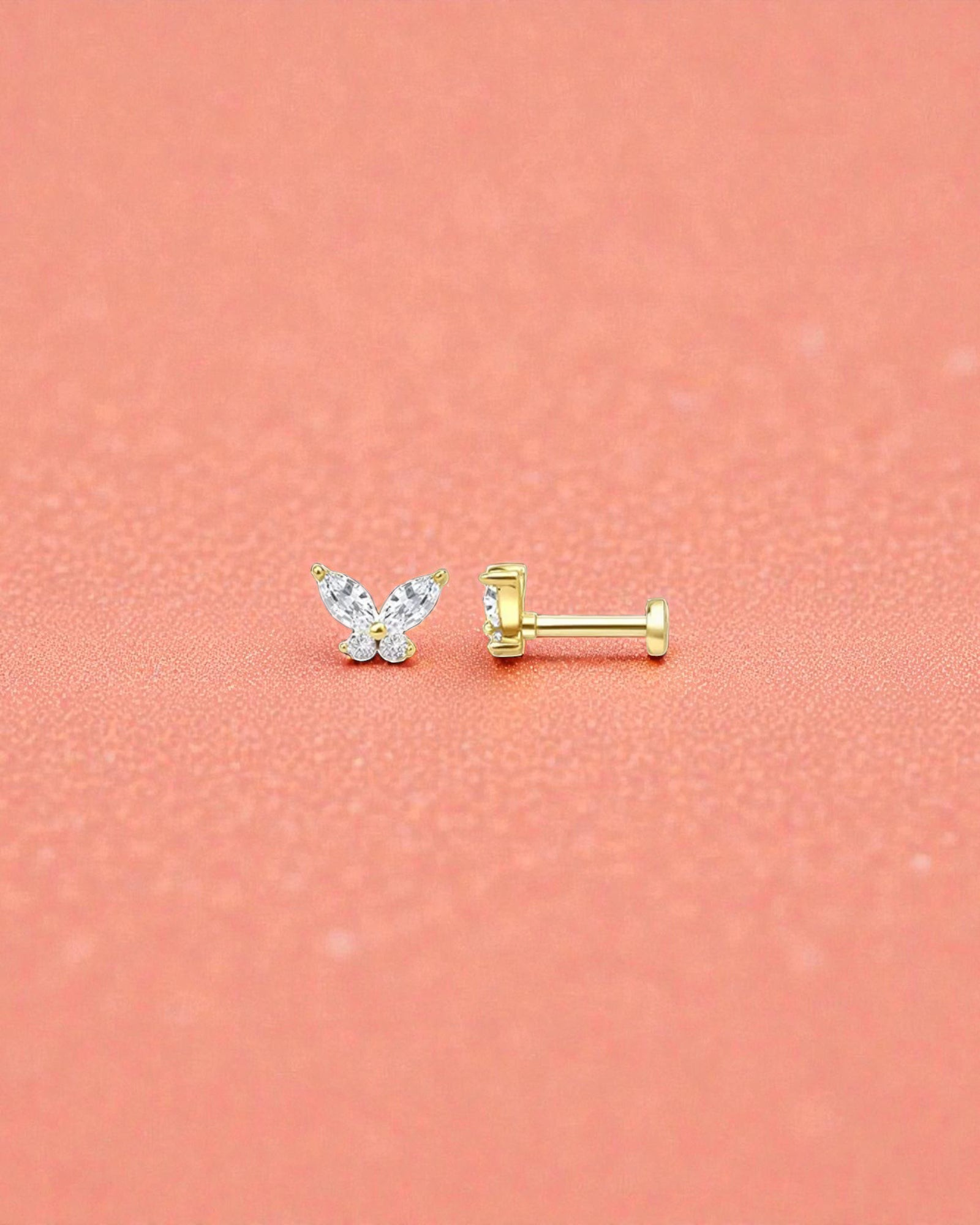 Pearlystones butterfly cartilage stud in 18k gold plated sterling silver with sparkling zircon stones and flat back