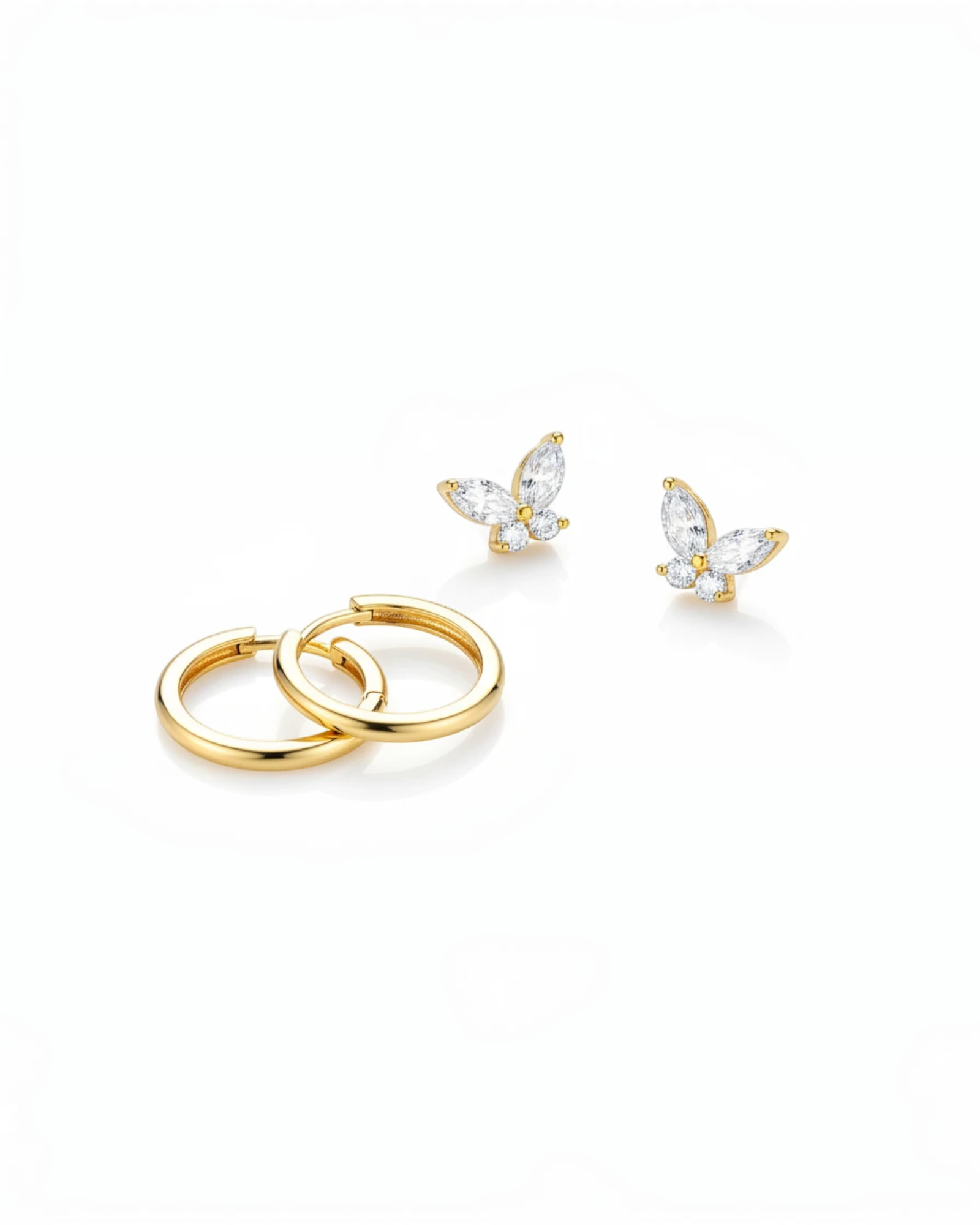 Pearlystones gold butterfly cartilage studs with zircon stones and matching gold hoop earrings on white background