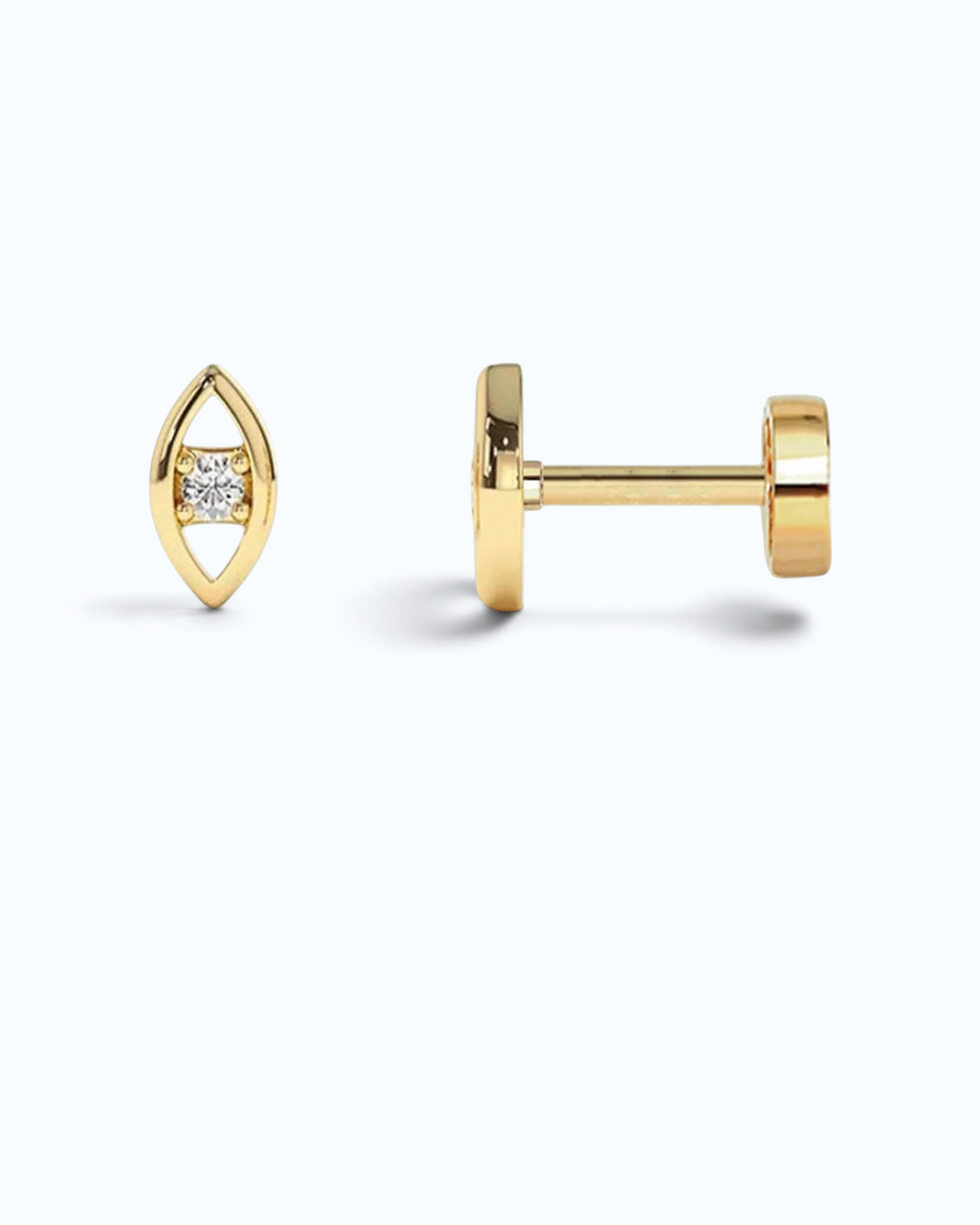 Pearlystones gold evil eye cartilage stud with a sparkling cubic zirconia center and comfortable flat back design.