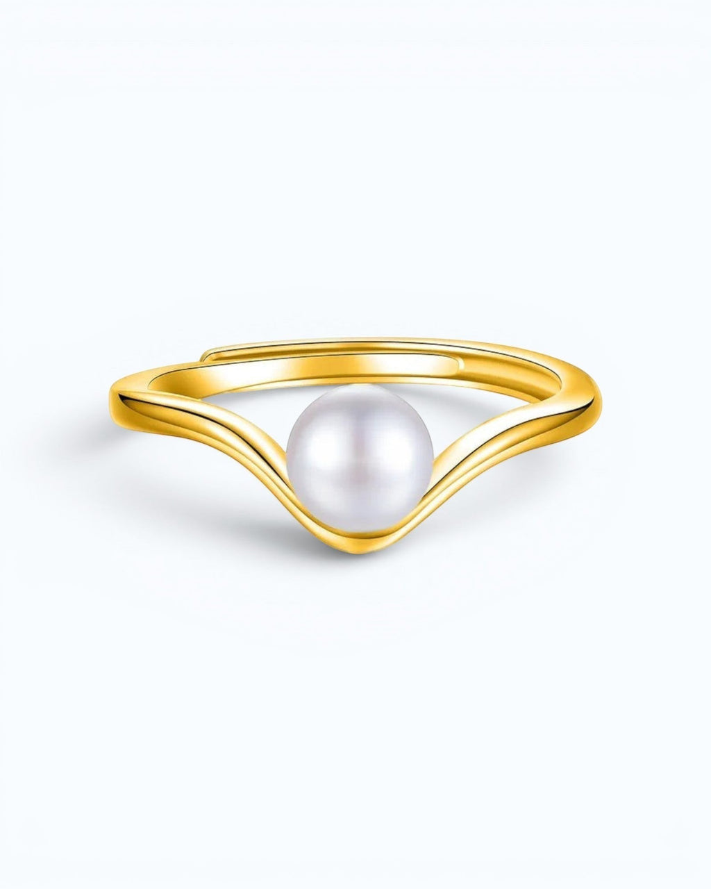 Pearlystones minimalist V-shaped gold ring featuring a single lustrous natural freshwater pearl on a smooth band.