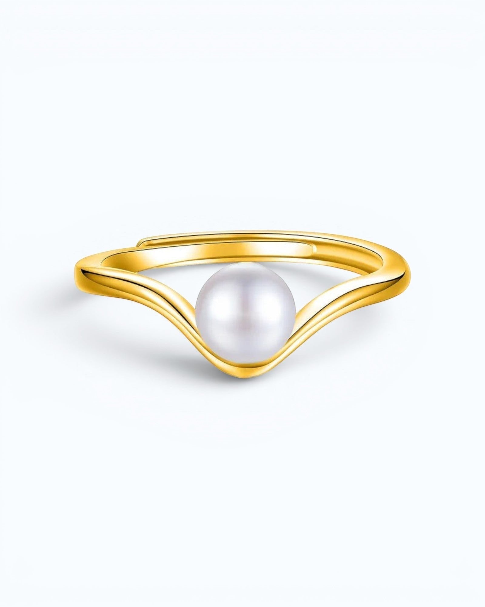 Pearlystones minimalist V-shaped gold ring featuring a single lustrous natural freshwater pearl on a smooth band.
