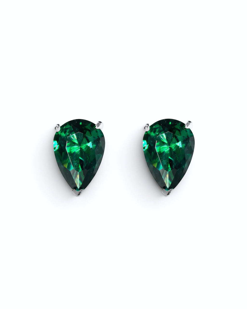 Pearlystones green cubic zirconia water droplet stud earrings in a minimalist pear-shaped design.