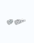Pearlystones 5mm heart-shaped moissanite stud earrings in rhodium-plated sterling silver with a clean bezel setting.