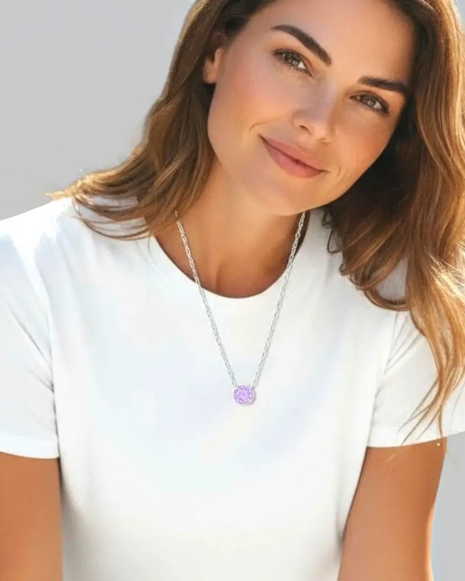 Pearlystones lavender zircon pendant necklace with an octagonal rose cut stone on a rhodium-plated sterling silver chain
