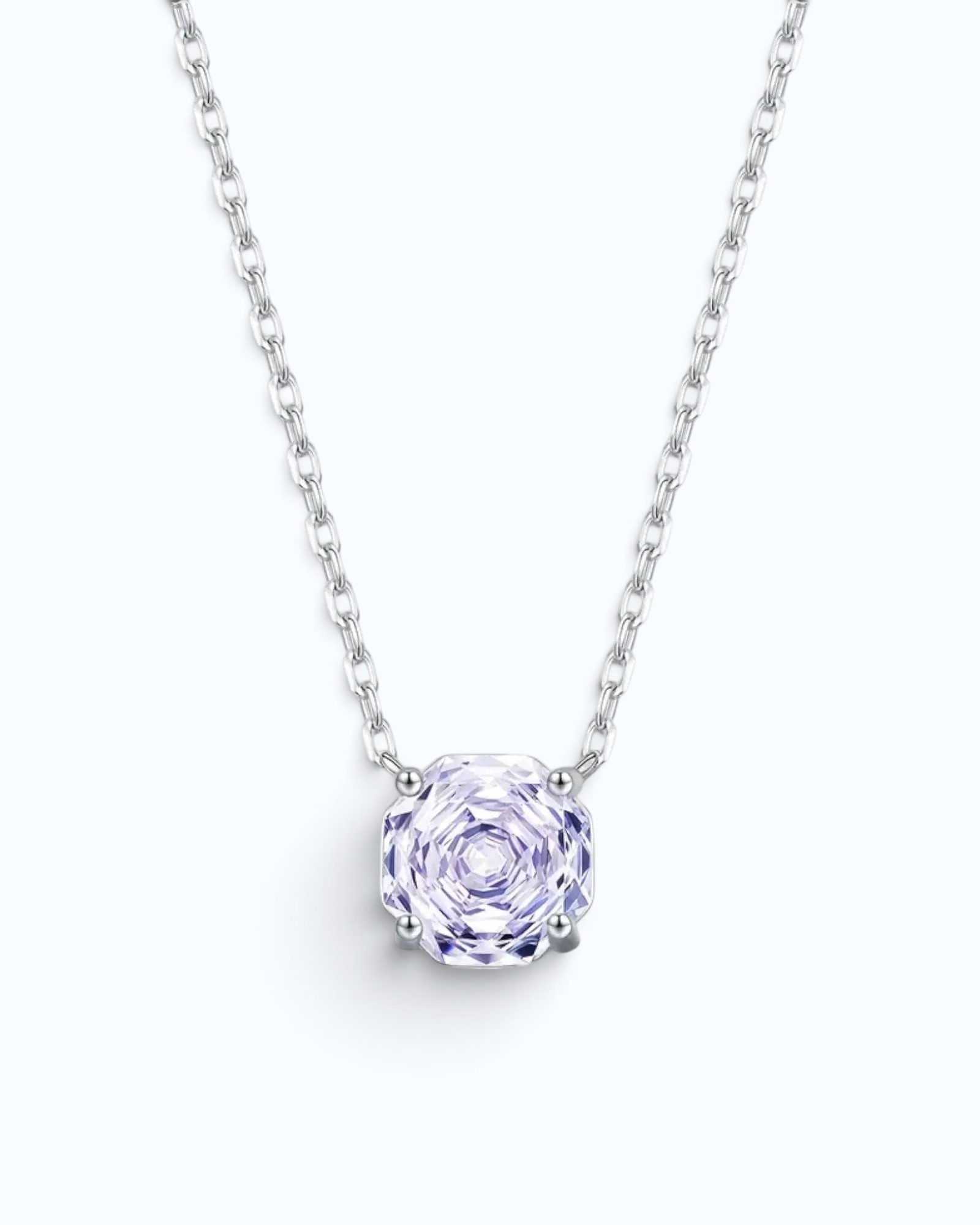 Pearlystones lavender zircon pendant necklace featuring an octagonal rose cut stone set in rhodium-plated silver.