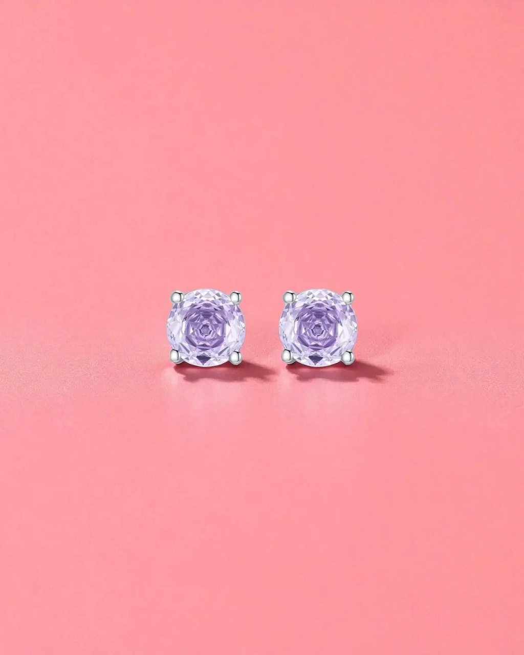Pearlystones lavender zircon stud earrings in rhodium-plated sterling silver with an octagonal rose cut design.