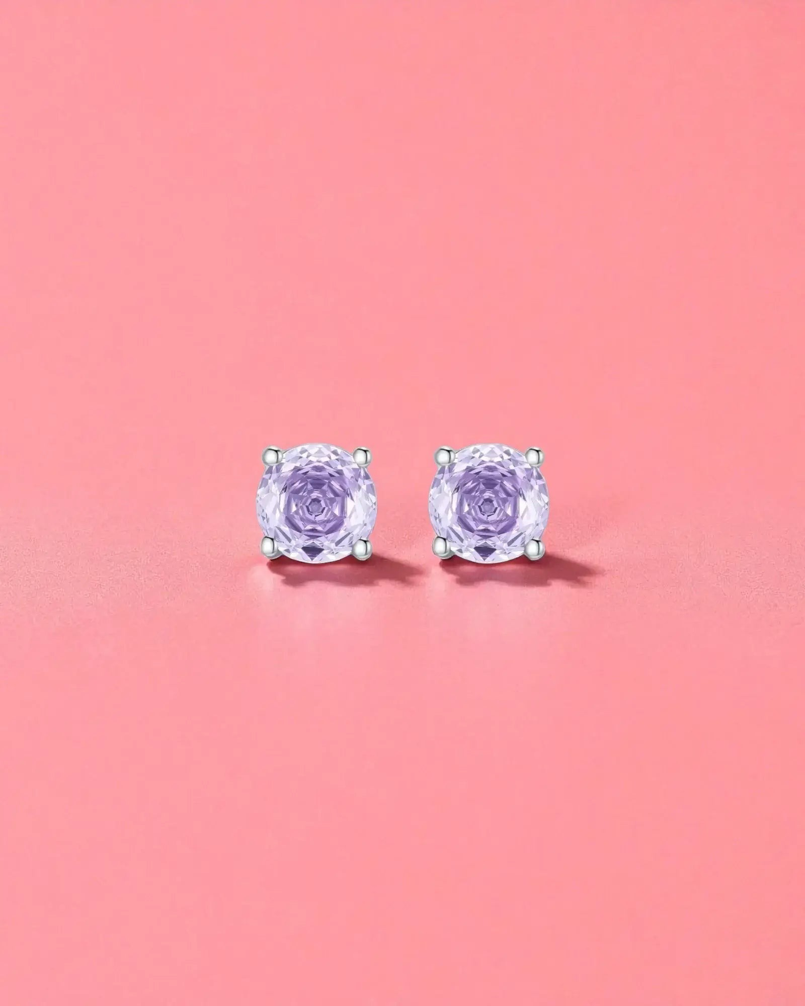 Pearlystones lavender zircon stud earrings in rhodium-plated sterling silver with an octagonal rose cut design.
