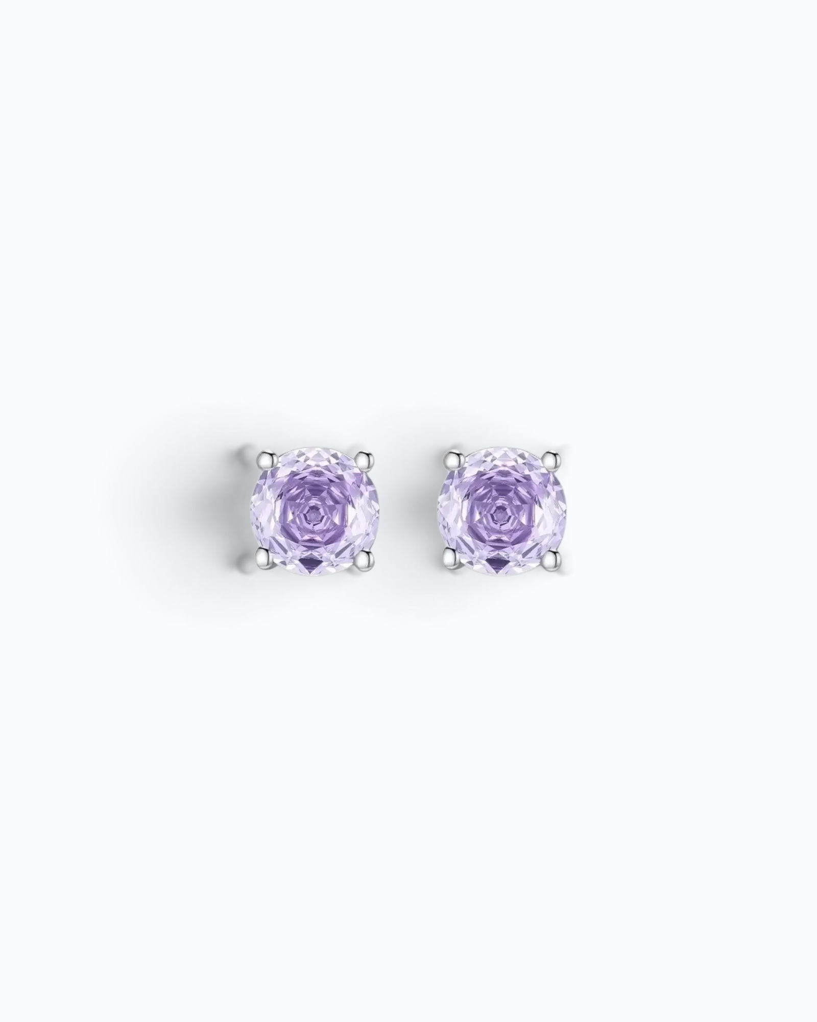 Pearlystones lavender zircon stud earrings in rhodium-plated sterling silver with an octagonal rose cut design.