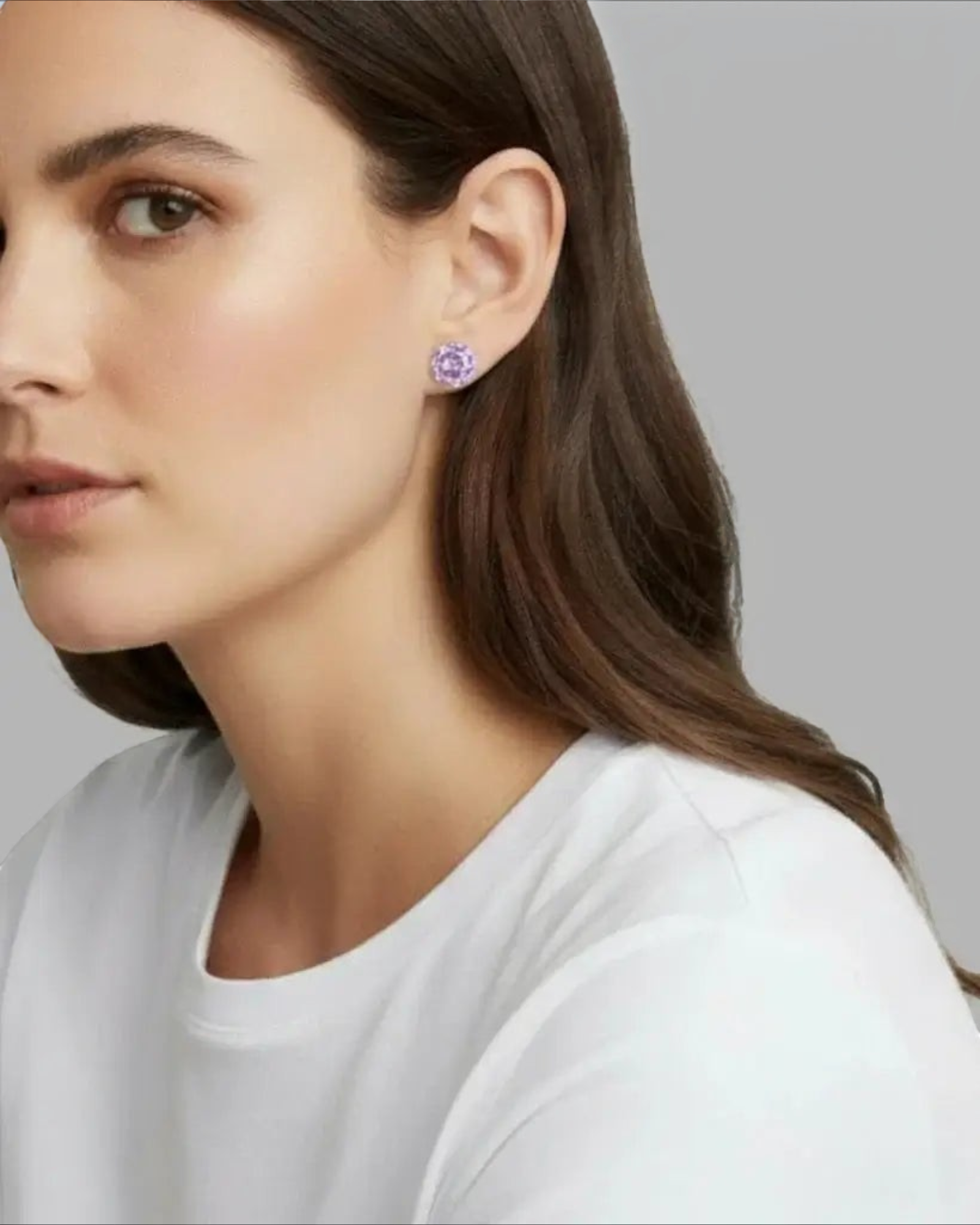 Pearlystones lavender octagonal rose cut zircon stud earring in rhodium-plated sterling silver worn by a model