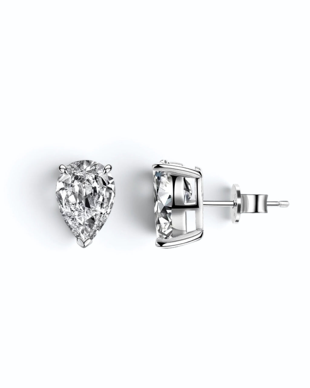Pearlystones white cubic zirconia water droplet stud earrings in a minimalist pear-shaped design on a white background