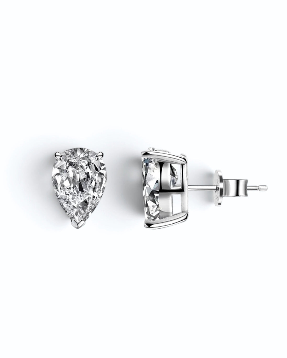 Pearlystones white cubic zirconia water droplet stud earrings in a minimalist pear-shaped design on a white background