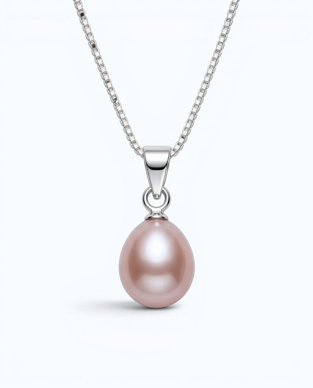 Pearlystones teardrop pink pearl pendant on a delicate silver-tone box chain necklace