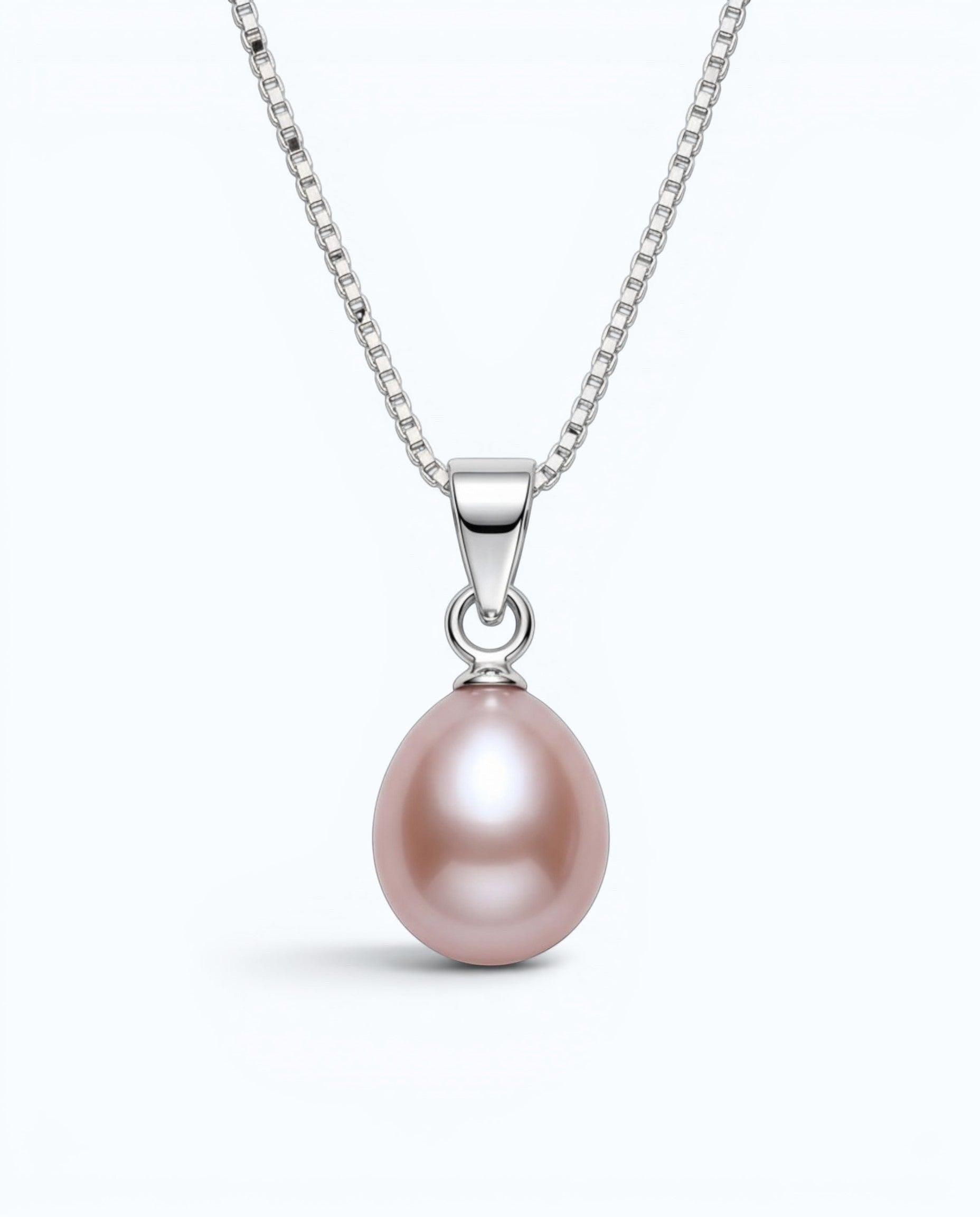 Pearlystones teardrop pink pearl pendant on a delicate silver-tone box chain necklace