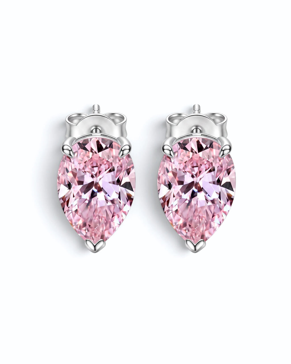 Pearlystones pink cubic zirconia water droplet stud earrings in a minimalist silver setting on a white background.