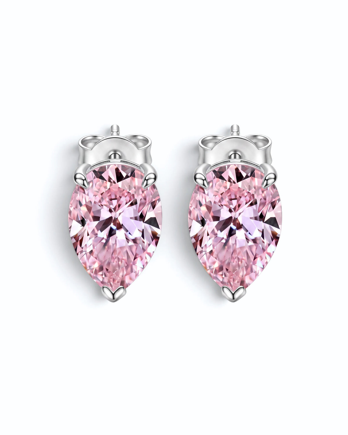 Pearlystones pink cubic zirconia water droplet stud earrings in a minimalist silver setting on a white background.