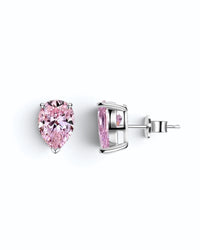 Pearlystones pink cubic zirconia water droplet stud earrings in a minimalist pear-shaped design with silver settings.