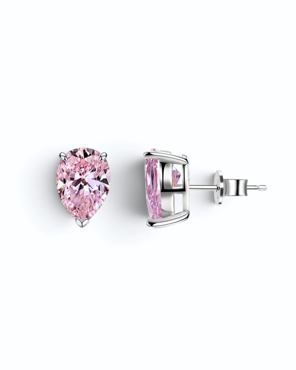 Pearlystones pink cubic zirconia water droplet stud earrings in a minimalist pear-shaped design with silver settings.