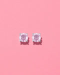 Pearlystones Octagonal Rose Cut Pink Zircon Stud Earrings in rhodium-plated sterling silver. Features a rose-cut pink zirconium stone.
