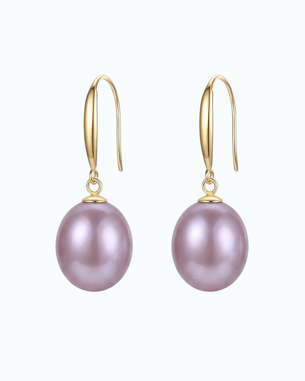 pearlystones Classic Purple Pearl Drop Earrings with gold-tone hooks. Lustrous pearls in a delicate purple hue.