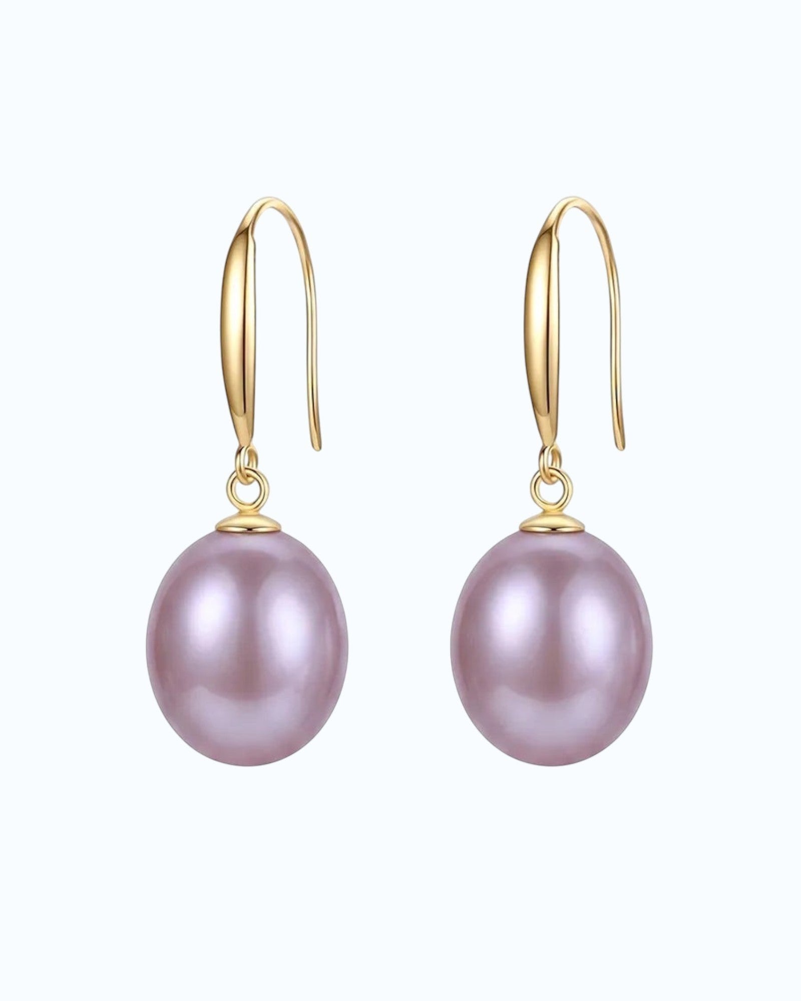 pearlystones Classic Purple Pearl Drop Earrings with gold-tone hooks. Lustrous pearls in a delicate purple hue.