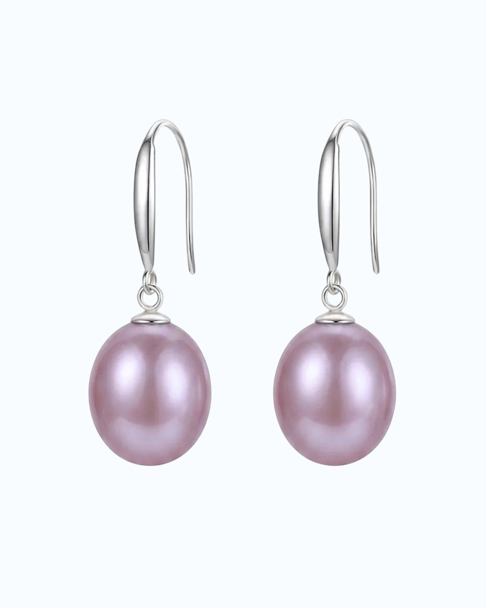 Pearlystones Classic Purple Pearl Drop Earrings with silver-tone hooks. Lustrous pearls in a delicate purple hue.