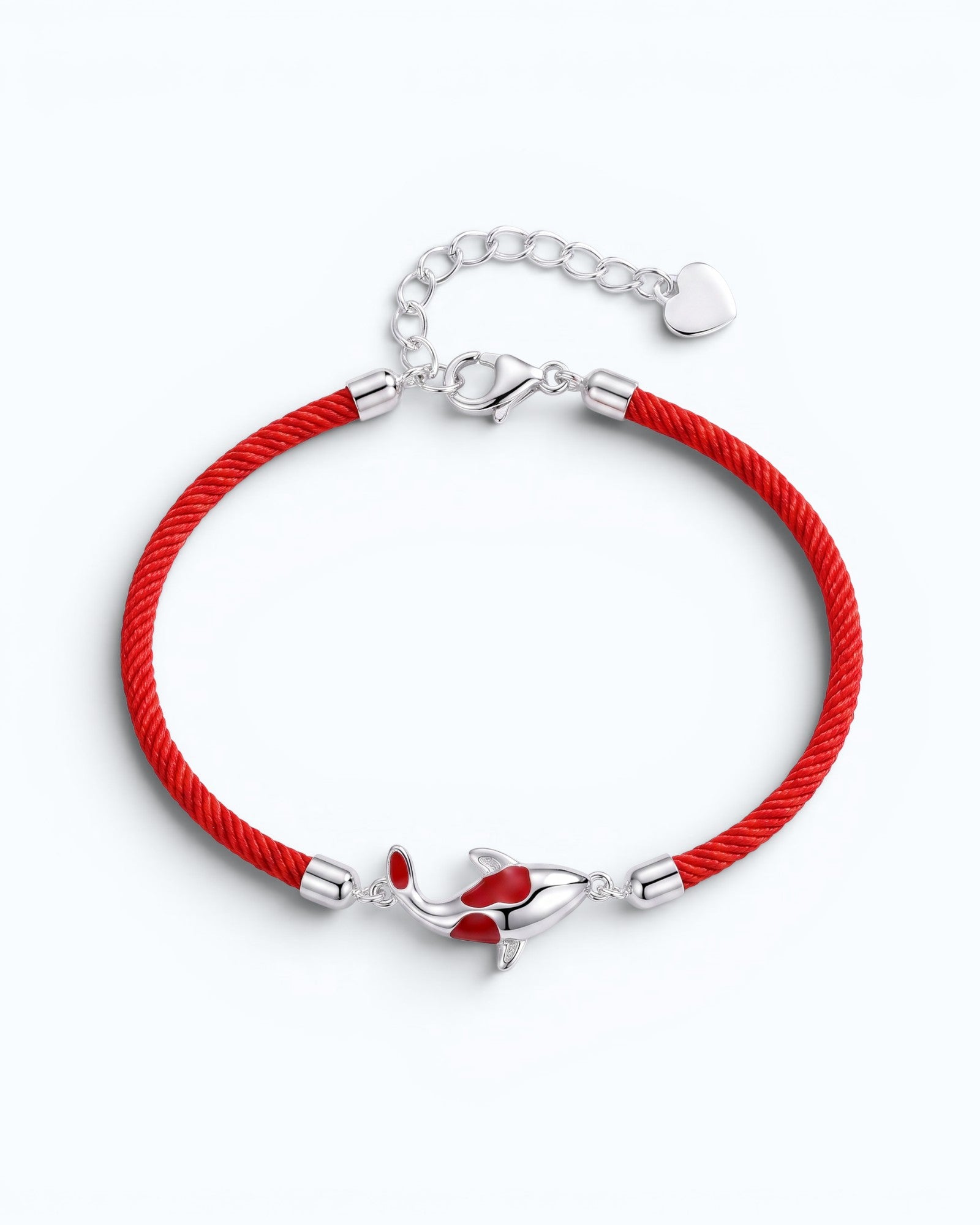 Pearlystones red cord bracelet featuring a silver koi fish charm with vibrant red enamel detailing and adjustable chain