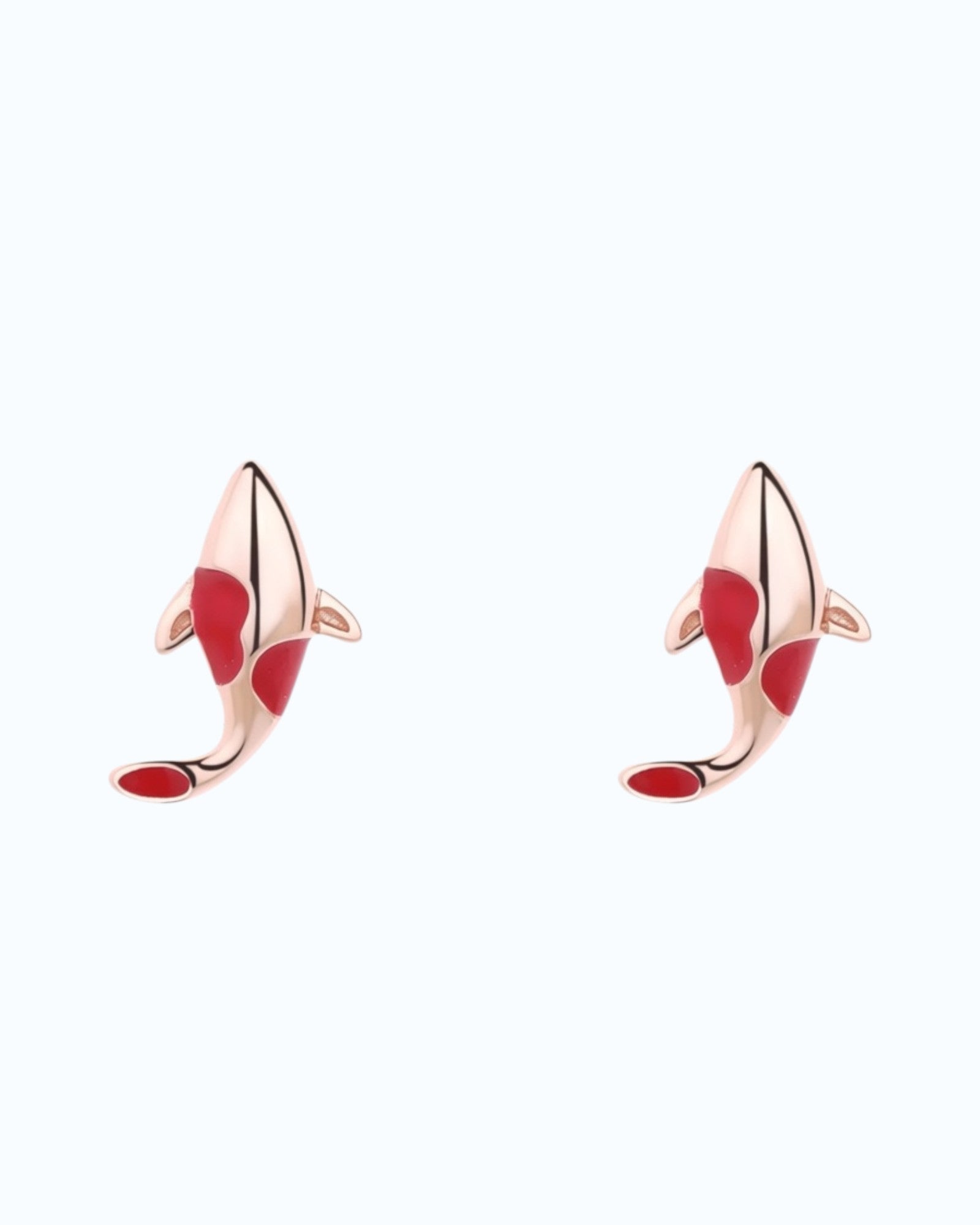 Pearlystones rose gold koi fish stud earrings with vibrant red enamel detailing on a clean white background.