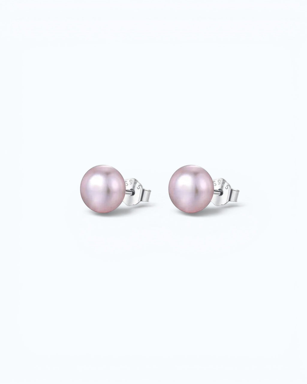 Pearlystones classic round purple pearl stud earrings with silver posts on a clean white background.