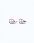 Pearlystones classic round purple pearl stud earrings with silver posts on a clean white background.