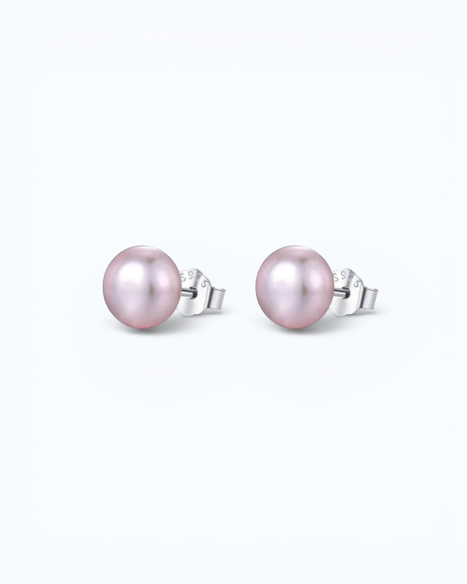 Pearlystones classic round purple pearl stud earrings with secure silver post-back closures on a white background.