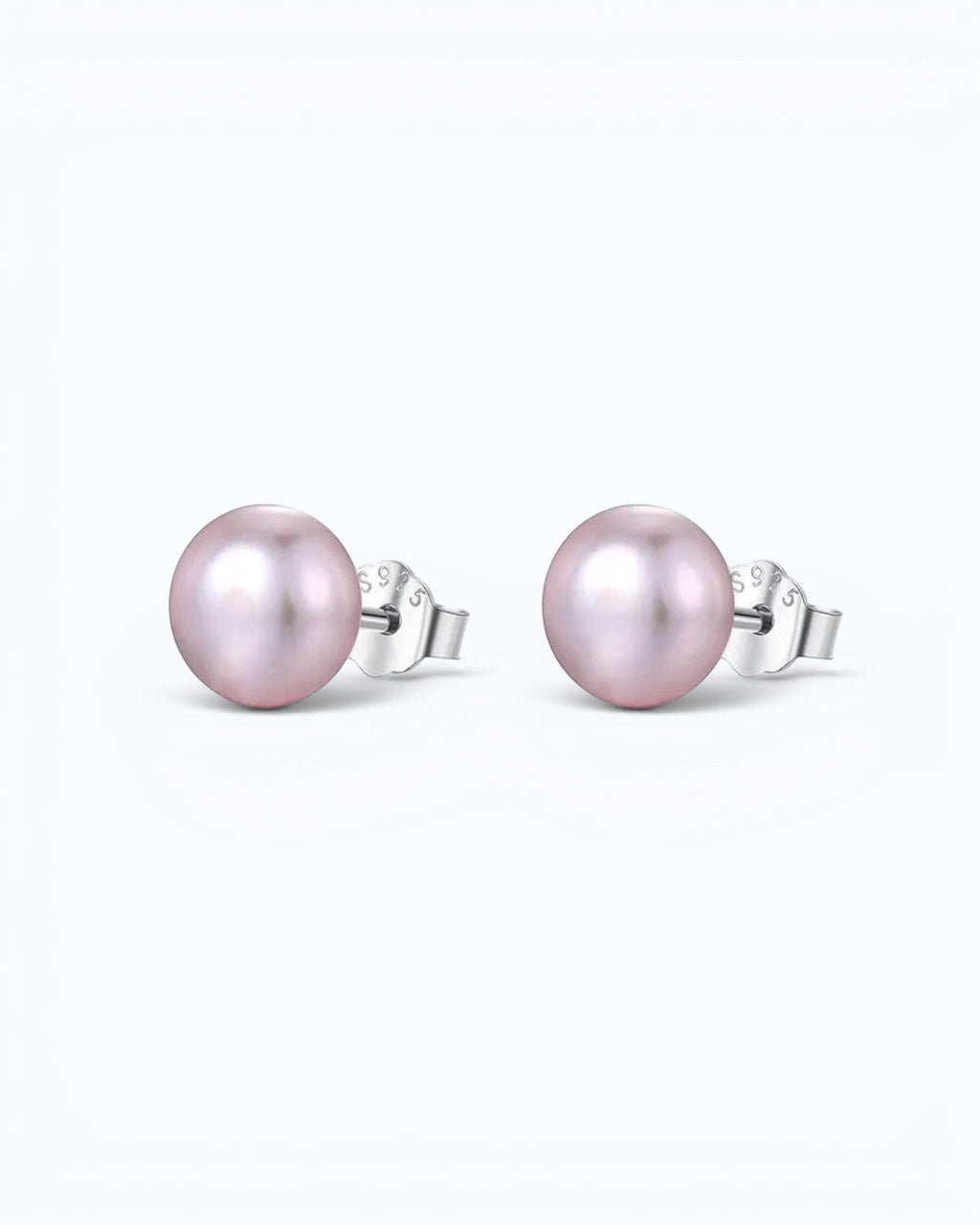 Pearlystones classic round purple pearl stud earrings with silver posts on a clean white background.