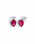 Pearlystones ruby red cubic zirconia water droplet stud earrings in a minimalist silver setting.