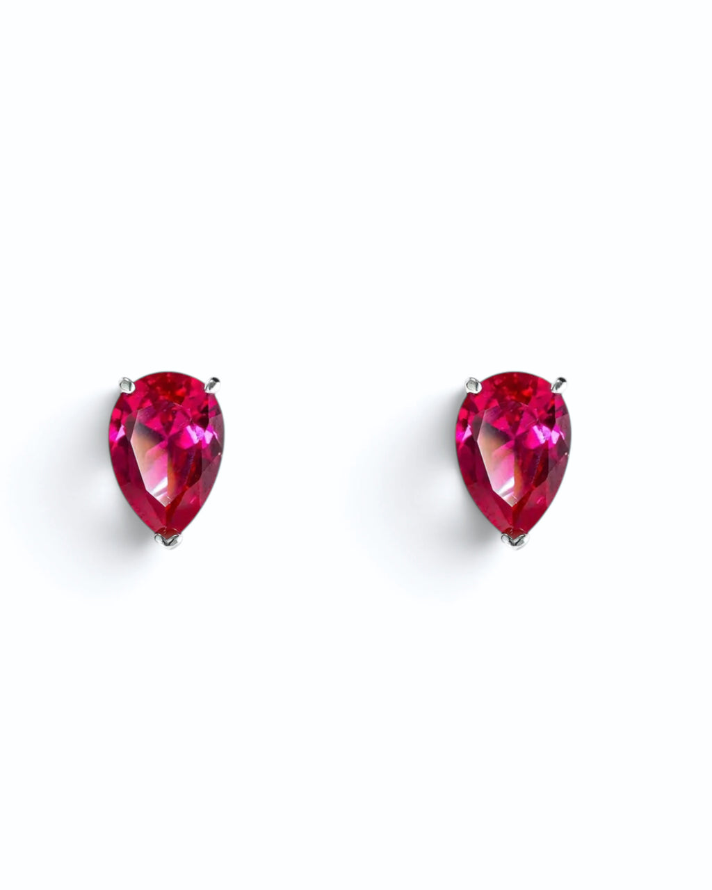 Pearlystones ruby red cubic zirconia water droplet stud earrings in a minimalist teardrop design