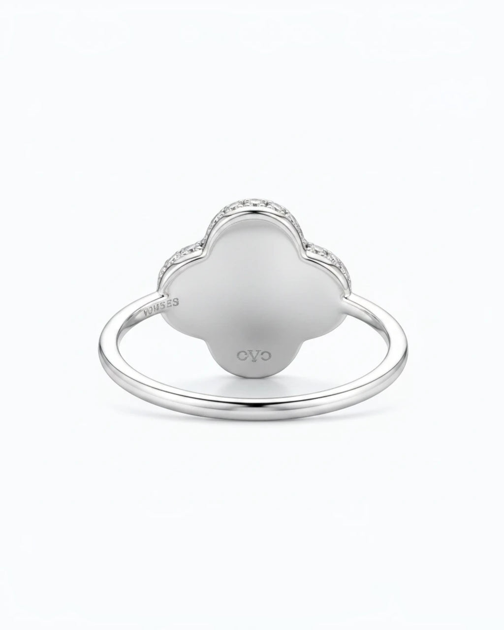 Pearlystones sterling silver clover ring back view showing smooth metal finish and hallmark engravings