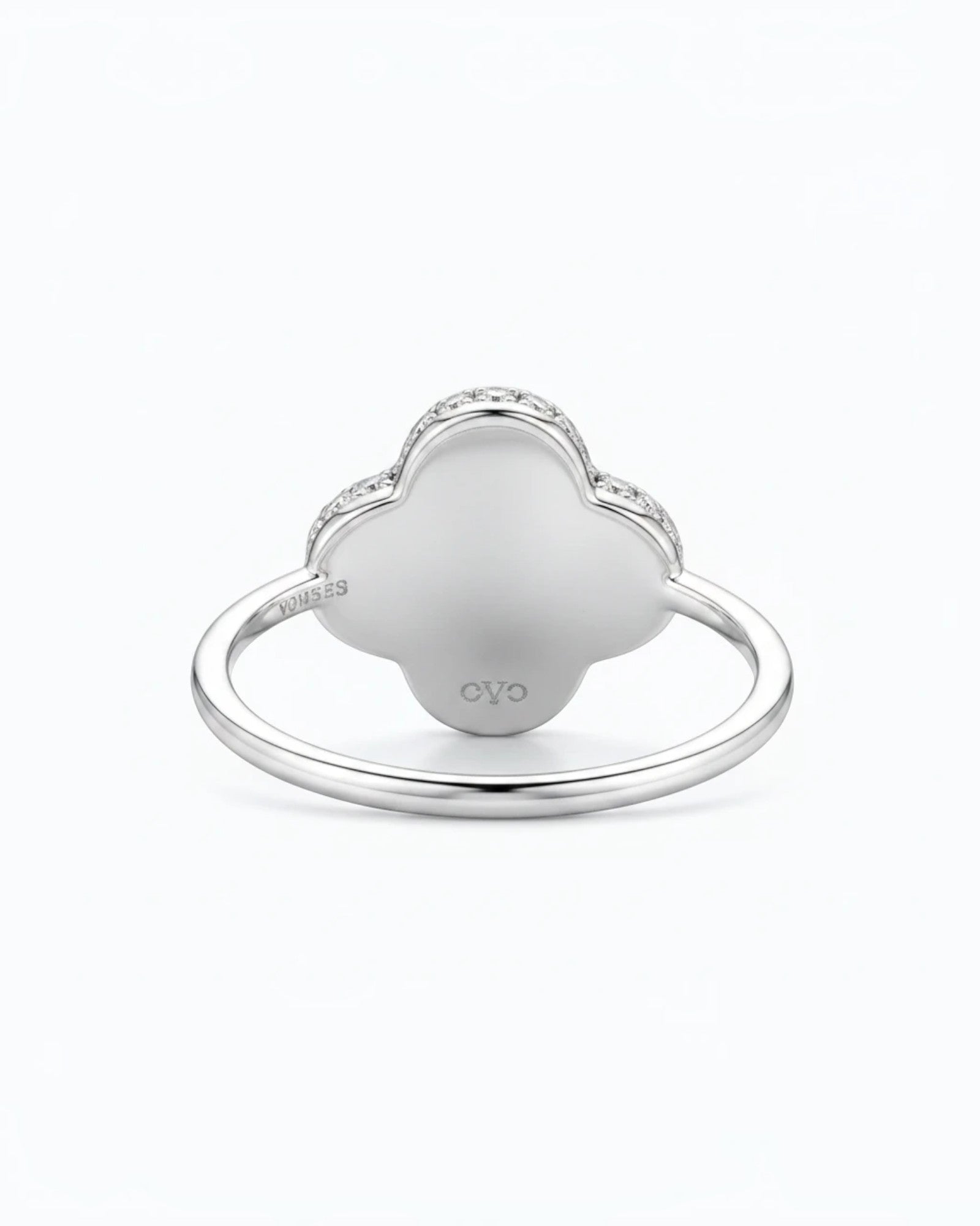 Pearlystones sterling silver clover ring back view showing smooth metal finish and hallmark engravings