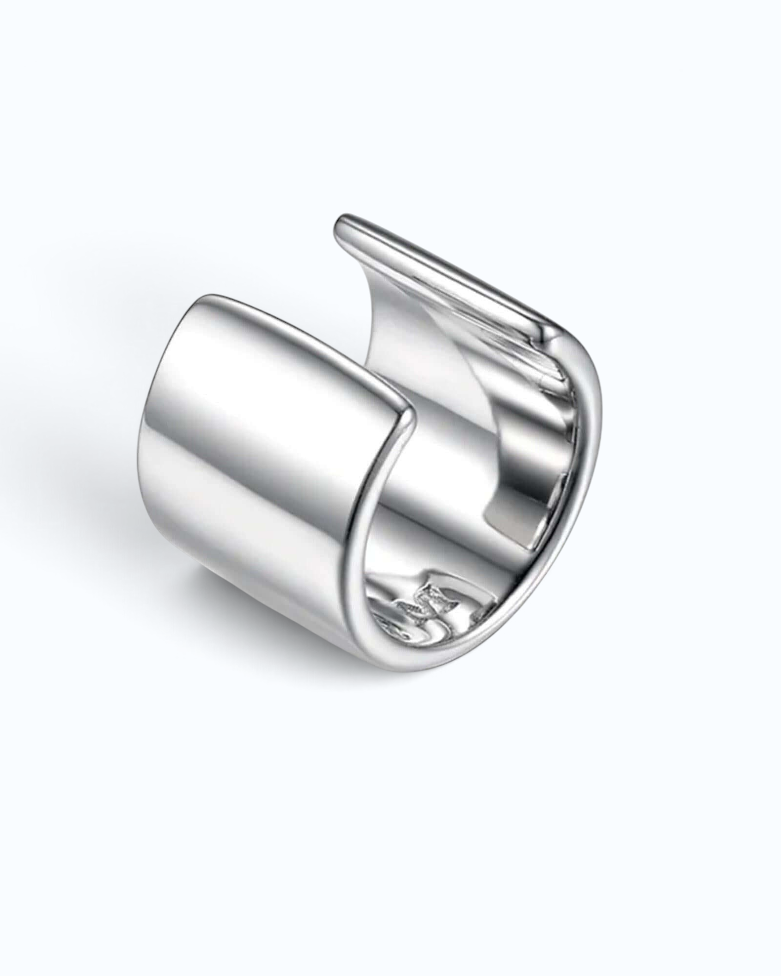 Pearlystones minimalist ear cuff in polished 925 sterling silver with white gold plating and architectural design.