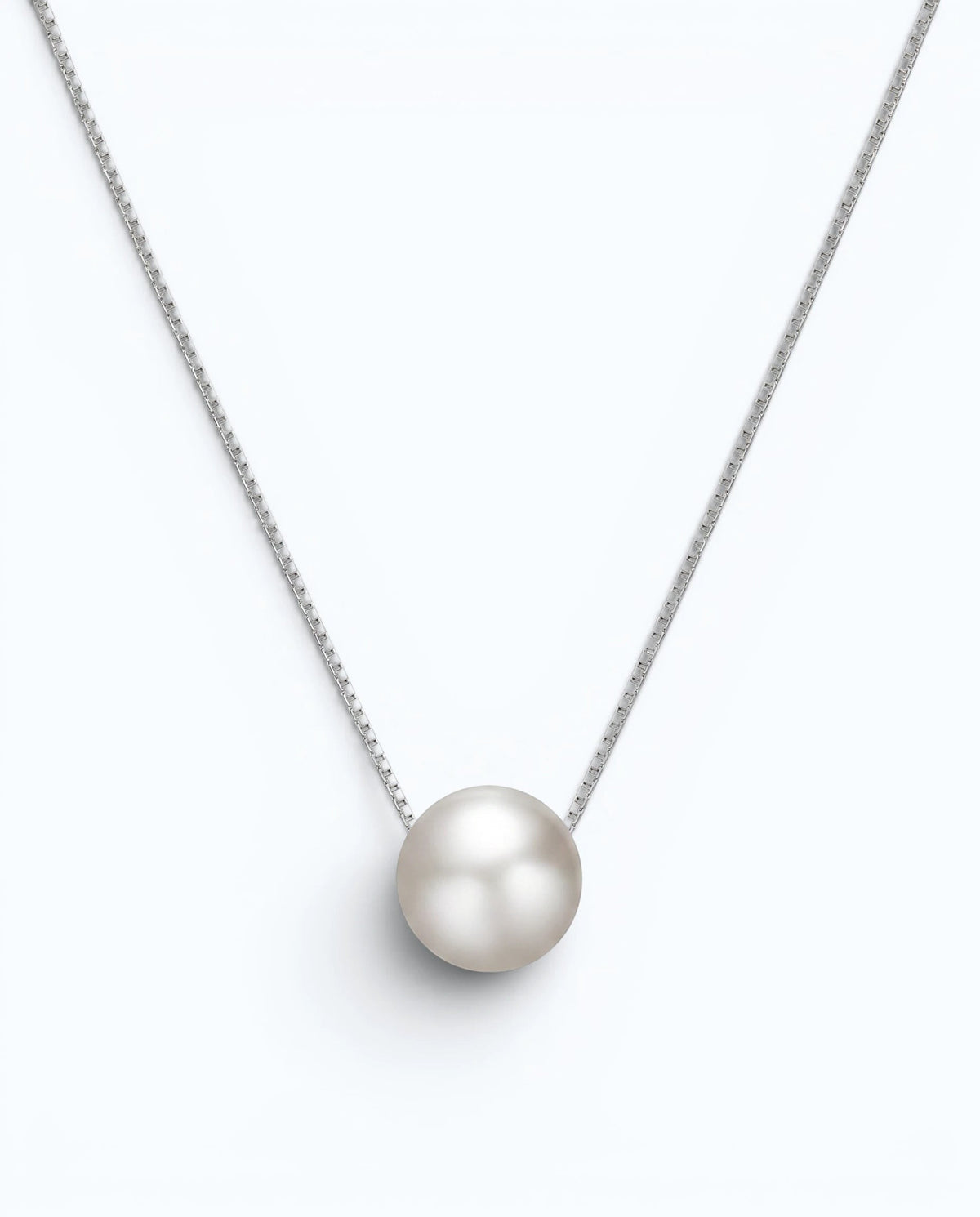 Pearlystones minimalist sterling silver necklace featuring a single lustrous white freshwater pearl pendant.