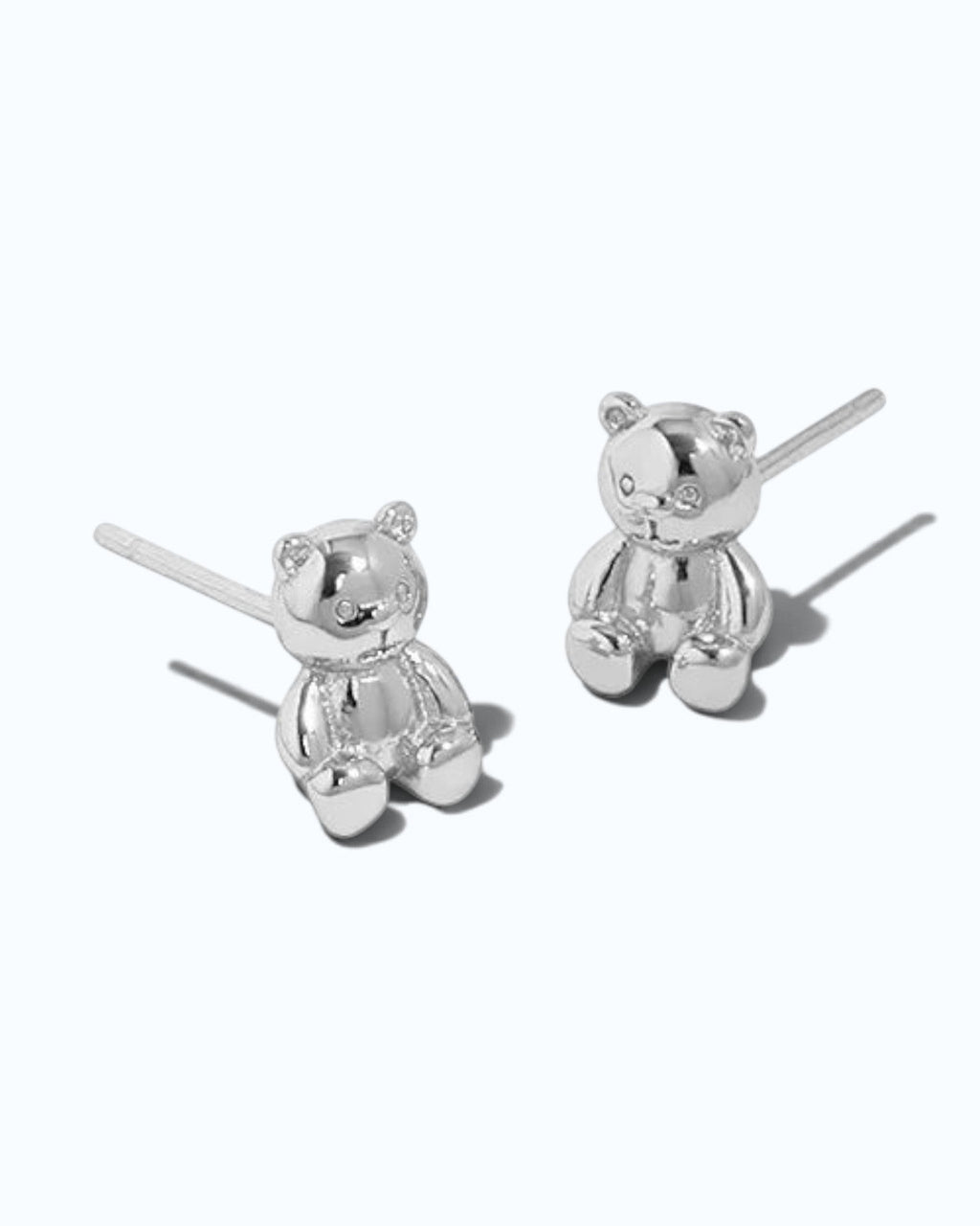 Pearlystones 3D teddy bear stud earrings in polished sterling silver with a high-shine finish.
