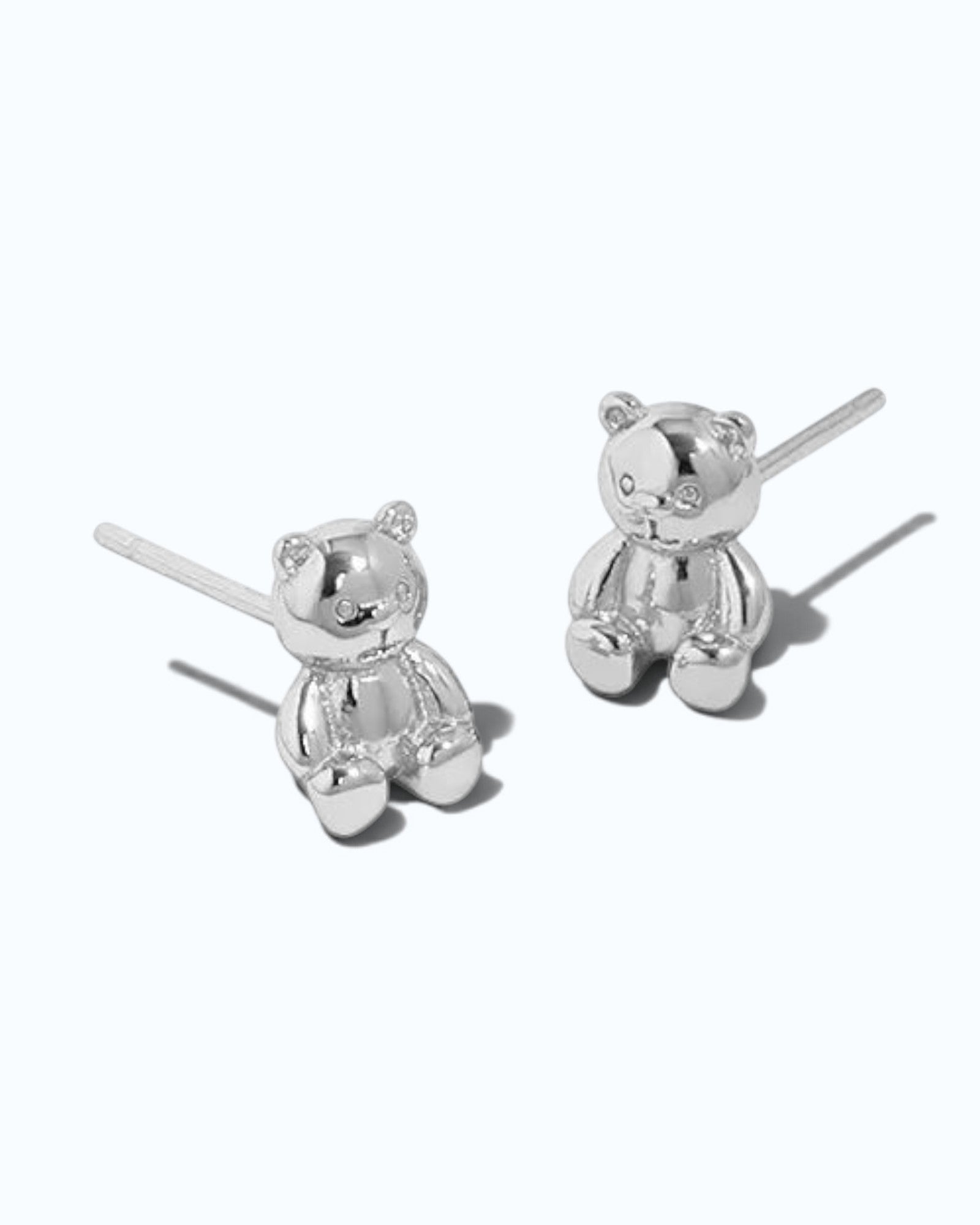 Pearlystones 3D teddy bear stud earrings in polished sterling silver with a high-shine finish.