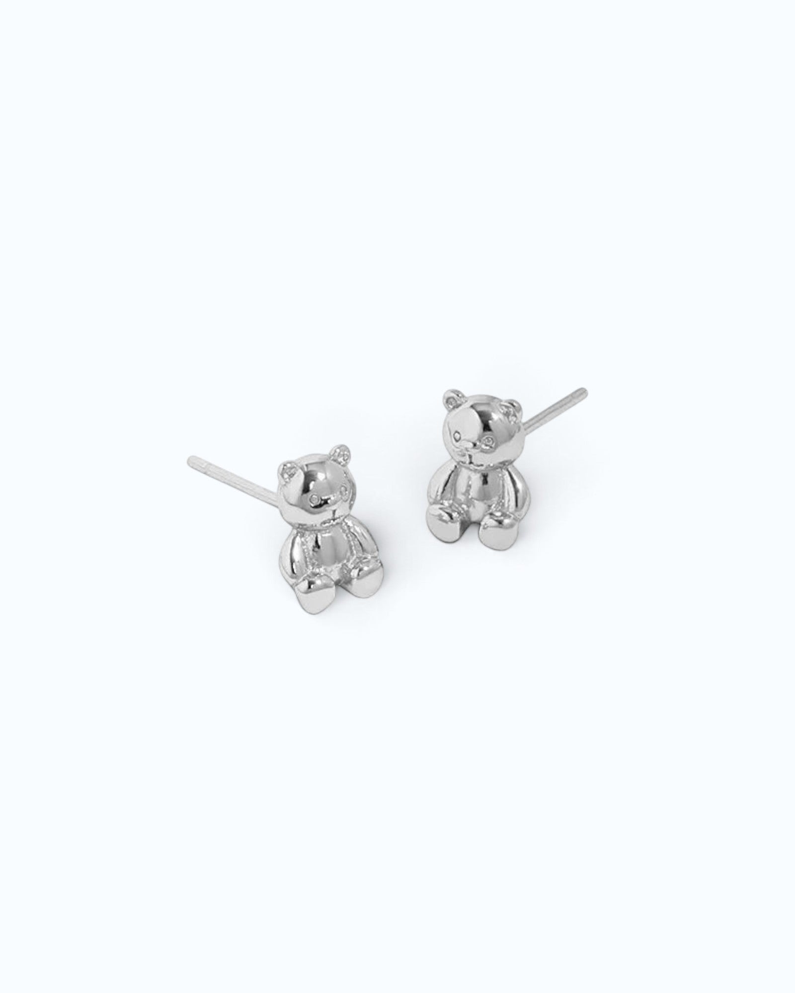 Pearlystones 3D teddy bear stud earrings in polished sterling silver with a high-shine finish