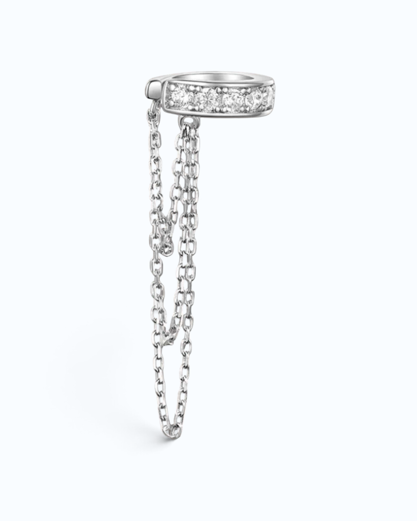 Pearlystones silver three layer chain ear cuff with sparkling zircon inlay for a stylish, non-pierced layered look.