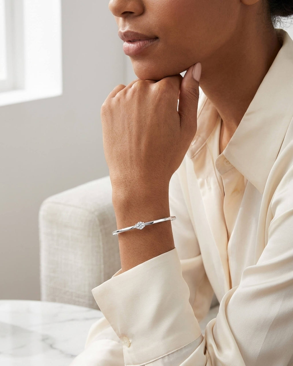 Pearlystones silver cuff bracelet with a single round Zircon accent. Minimalist design for everyday wear.