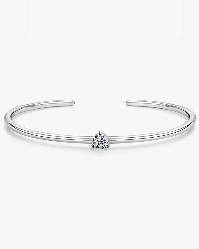 Pearlystones silver cuff bracelet with a single clear Zircon stone. Minimalist design for everyday wear.
