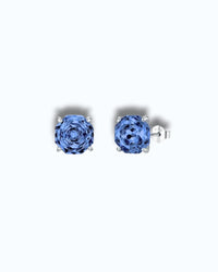 Pearlystones Octagonal rose cut tanzanite blue zircon stud earrings in rhodium-plated sterling silver.