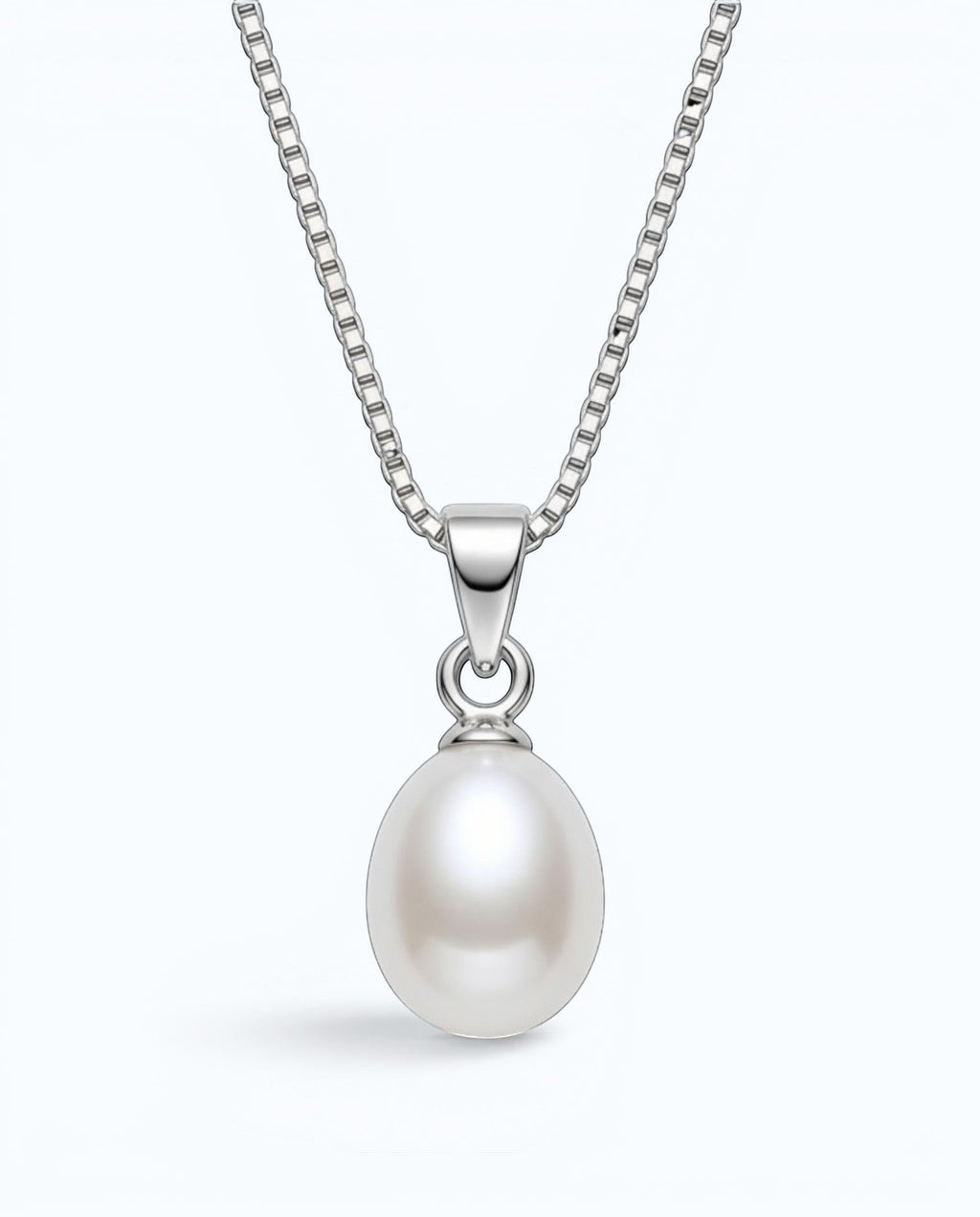 Pearlystones elegant teardrop pearl pendant necklace on a delicate silver-tone box chain with a high-luster finish.