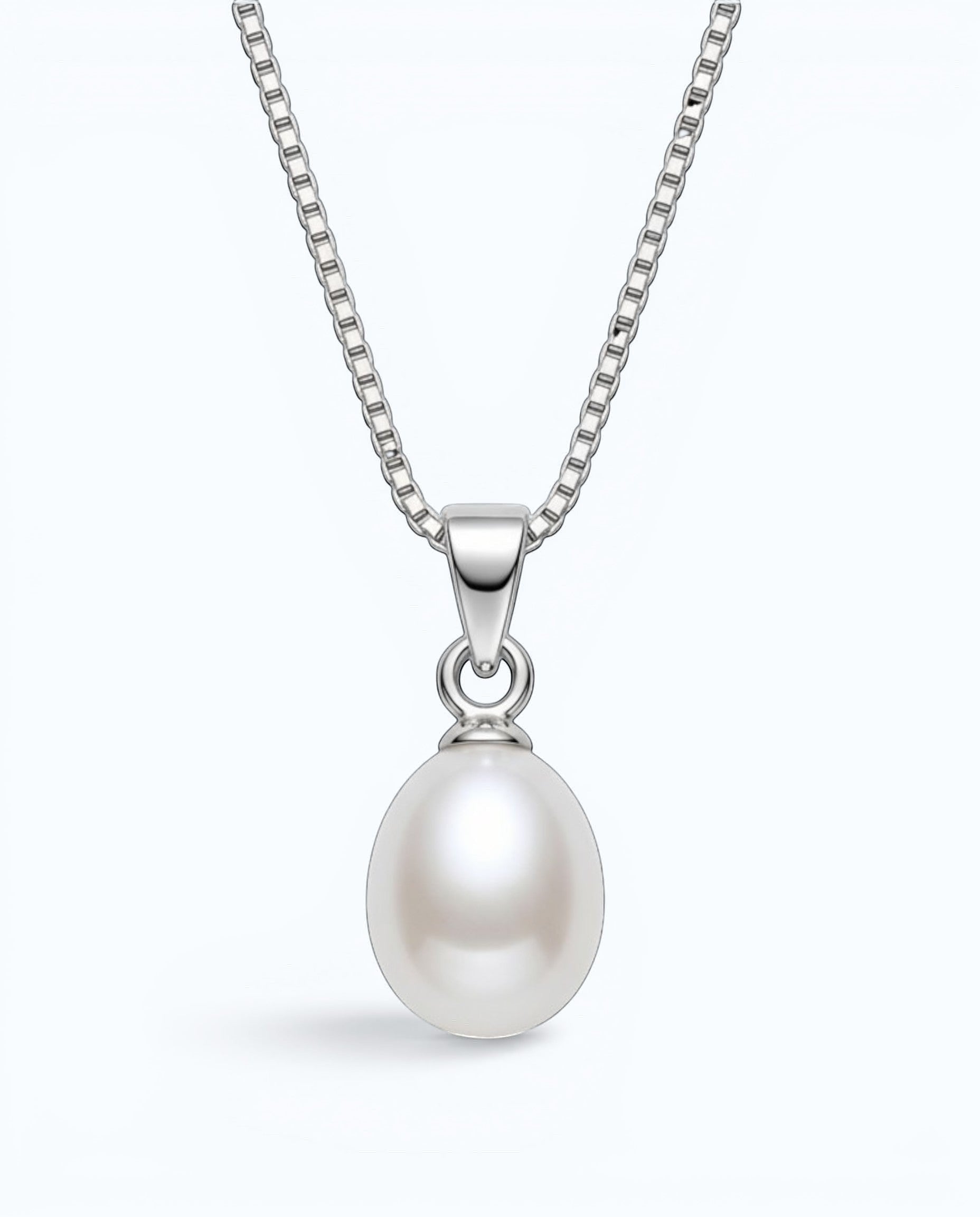 Pearlystones elegant teardrop pearl pendant necklace on a delicate silver-tone box chain with a high-luster finish.