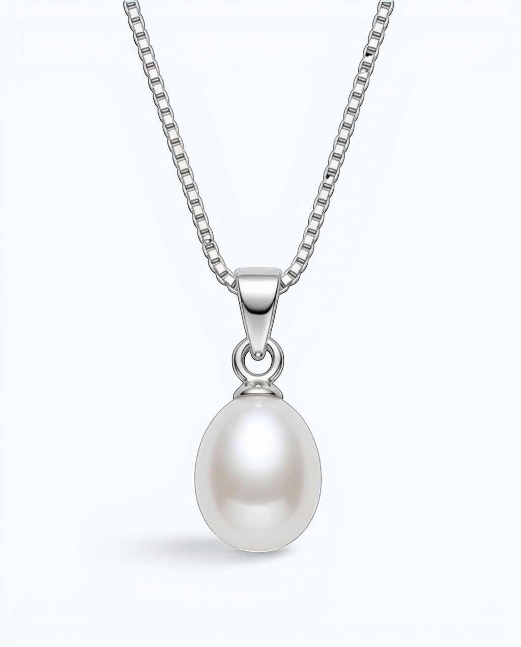 Pearlystones elegant teardrop pearl pendant necklace on a delicate silver-tone box chain with a high-luster finish.