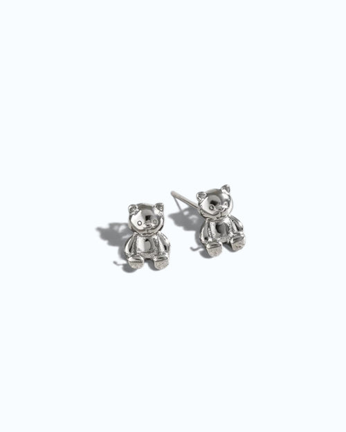 Pearlystones 3D teddy bear stud earrings in polished 925 sterling silver with a high-shine finish.