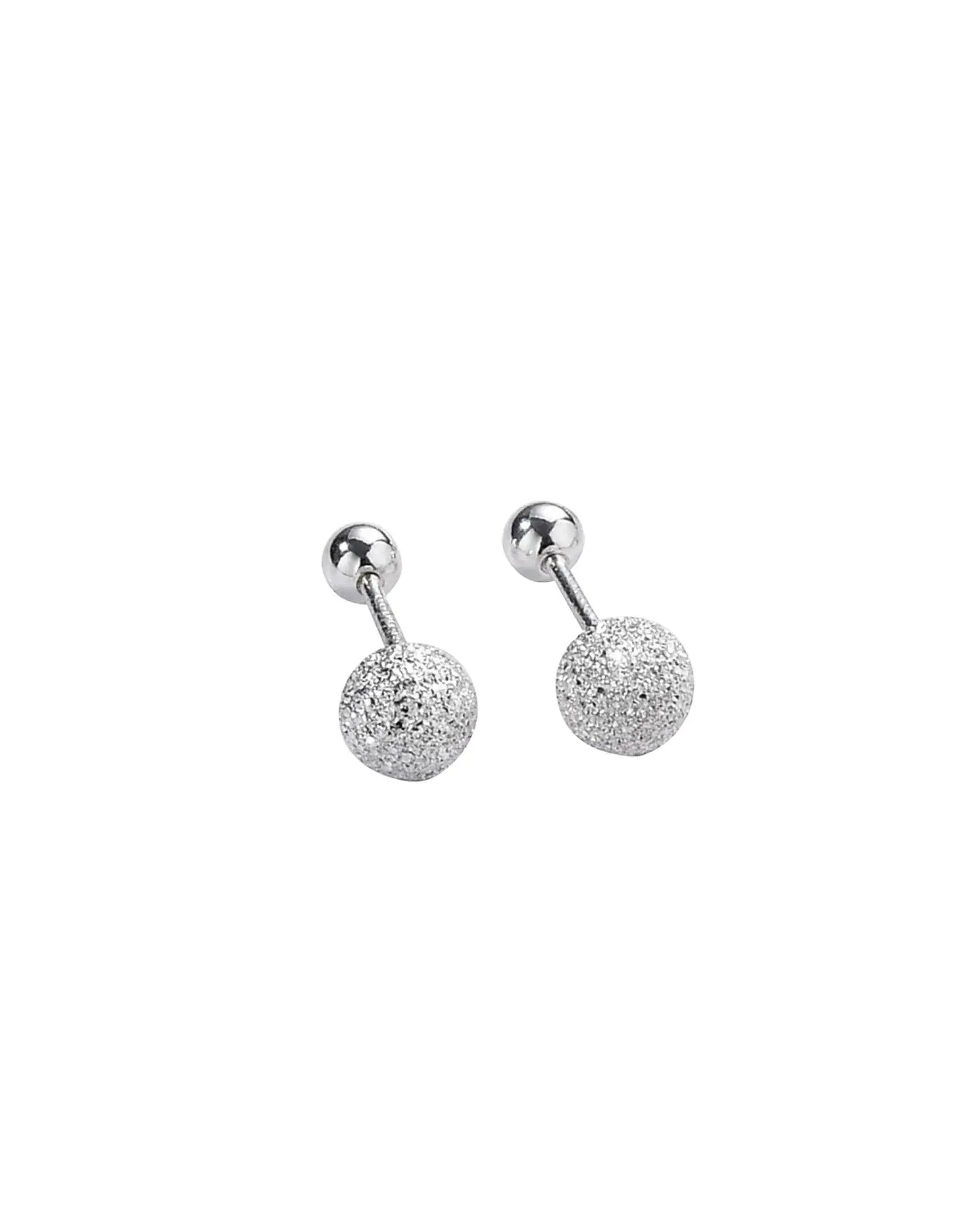 Pearlystones sterling silver textured ball stud earrings with frosted finish and ball back closure.