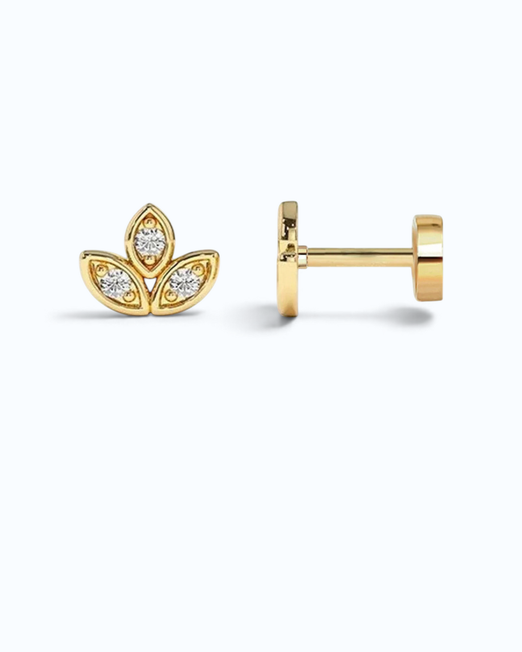 Pearlystones gold-plated sterling silver three leaf cartilage stud earring with a comfortable flat back design.